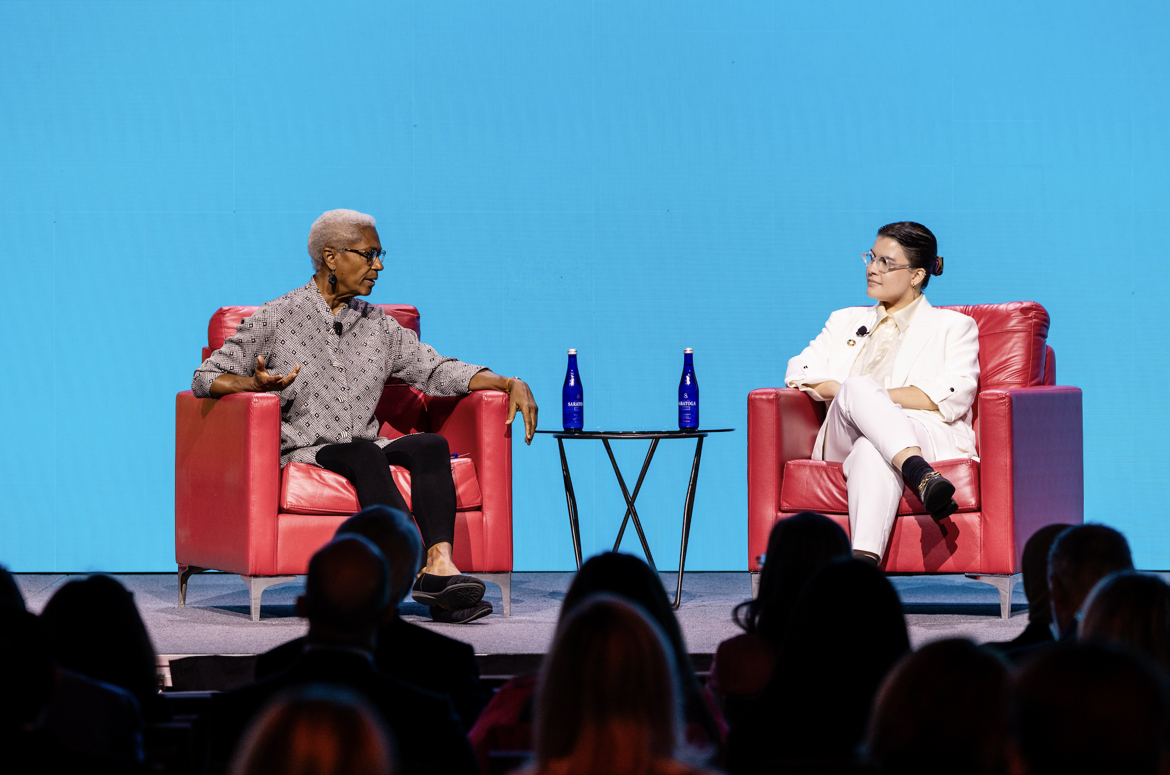 Akaya Windwood and Luísa Franco Machado speaking at a Leaders Summit panel session