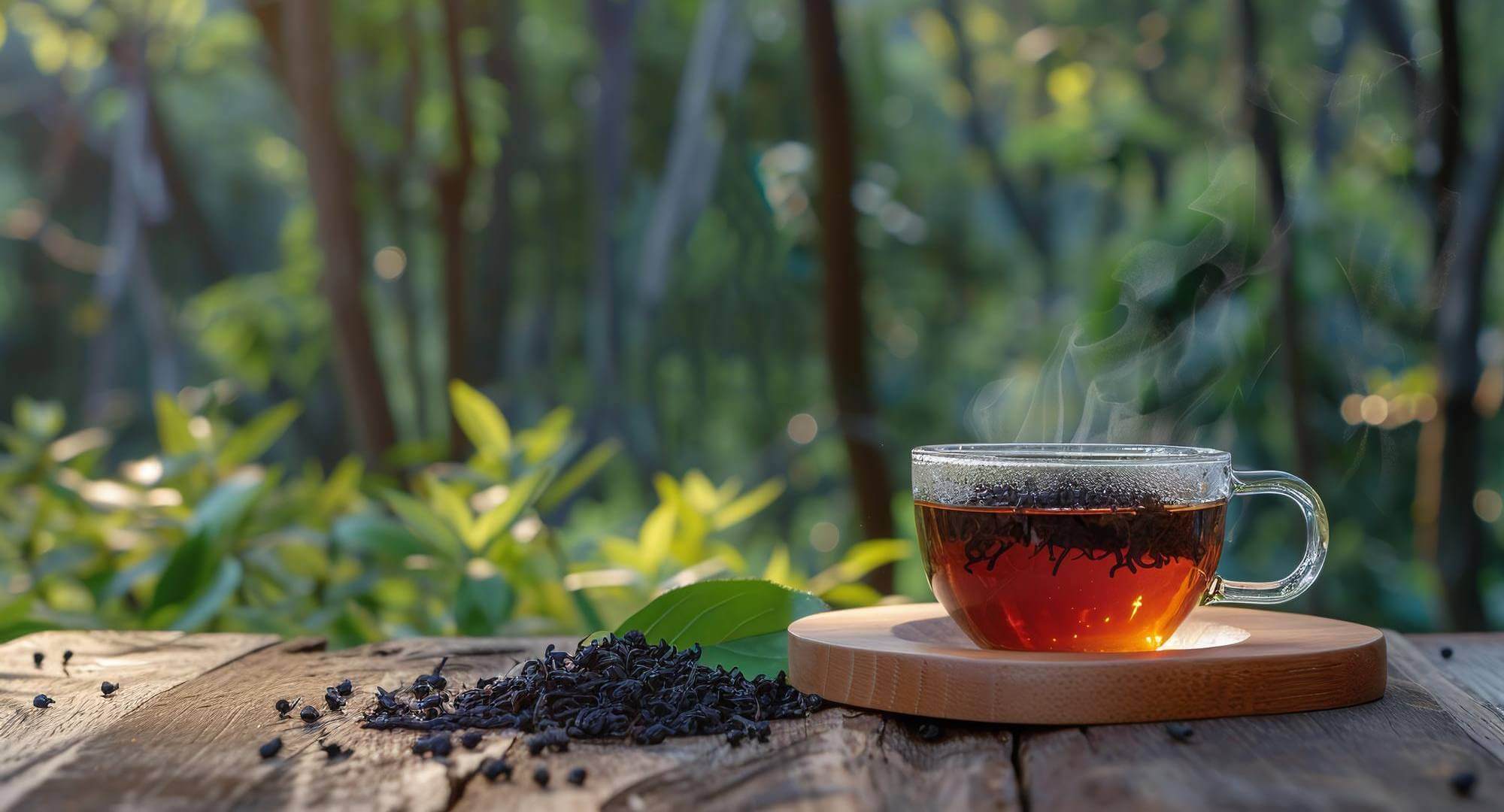 Cup of tea over a table in the middle of tea plantation