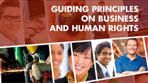 A banner graphic with an orange-toned collage background and the title "Guiding Principles on Business and Human Rights." Below, a row of five photos shows diverse workers and professionals: a welder with sparks flying, a hard-hat worker, and portraits of three smiling people in business attire.
