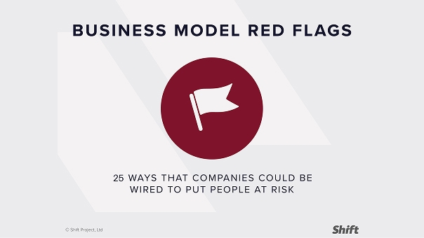 Slide titled "Business Model Red Flags" with a dark red circular icon of a flag in the center. Subtitle reads "25 ways that companies could be wired to put people at risk." Shift logo and copyright notice appear at the bottom.